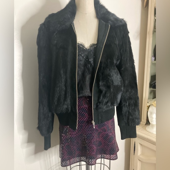 Vtg y2k 90s black rabbit fur bomber jacket - Picture 7 of 8